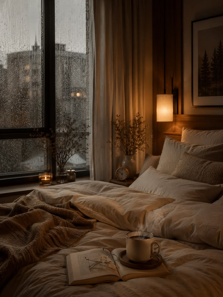 A softly lit bedroom arranged for evening relaxation with warm ambient lighting